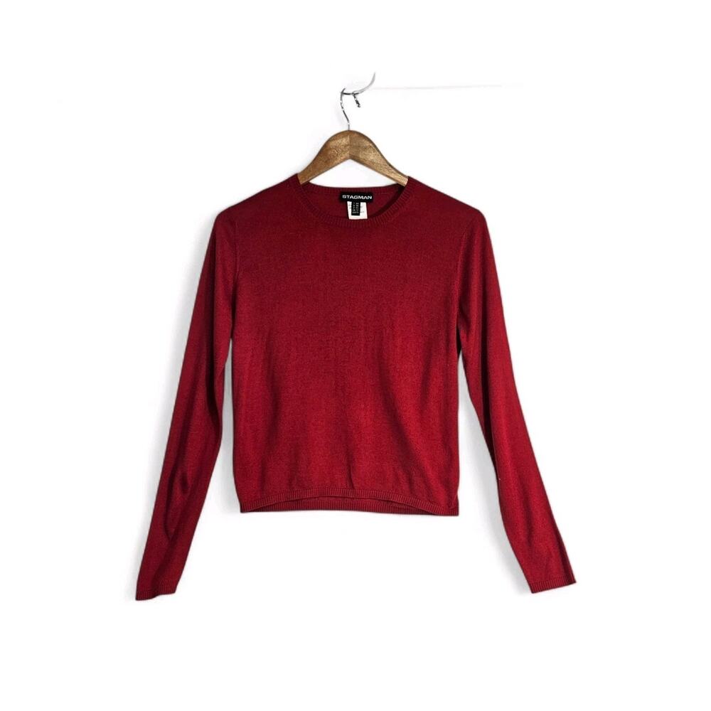 Stagman Red Silk Cashmere Blend Lightweight Preppy Crewneck Pullover Sweater